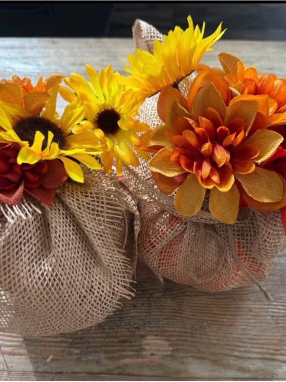 Burlap Fall Floral Arrangement with Sunflowers and Orange Blooms